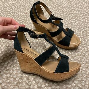 Cordani Raquel Navy Suede Cork Wedge Tall Sandals (size 7.5/8)